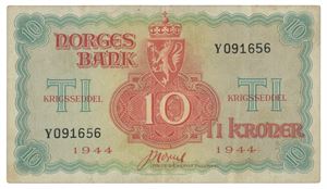Norway. 10 kroner 1944. Y091656. Litt skitten/some dirt