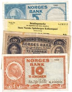 Lot 4 stk. 10 kroner 1936 V, 1963 Æ, 5 kroner 1961 I og SNSK, 10 kroner 1976