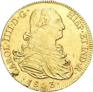 Carl IV, 8 escudos 1803. Har vært anhengt/has been mounted