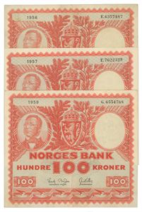 Lott 3 stk. 100 kroner 1956 E, 1957 E og 1959 G
