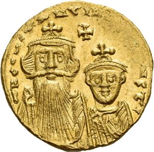 Constans og Constantin IV, solidus, Constantinople 654-659 e.Kr. (4,42 g). R: Kors på tre trinn