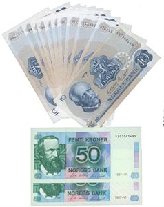 Lot 14 stk. bestående av 12 blå 10-kronere 1979/84 og 2 stk. 50 krone 1987.