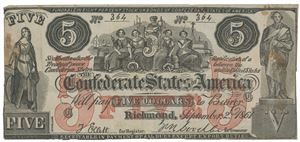 Confederate States of America. 5 dollars 1861. No. 364, plate C. Contemporary counterfeit. Has been mounted