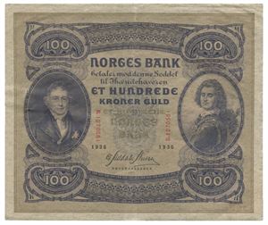 100 kroner 1936. B1270551. Stifthull/pin hole