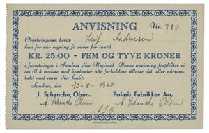 J. Schanche Olsen/Polaris Fabrikker, Sandnes, 25 kroner 10/5-1940. Nr.719