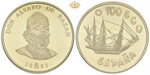 Juan Carlos I, 100 ecu 1995. Don Alvaro de Balzan. I originalt etui/in original box