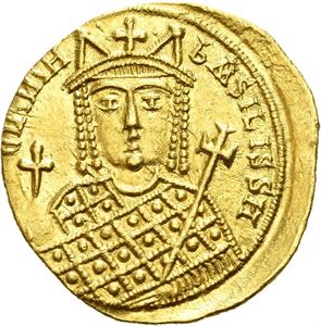 Irene 797-802, AV solidus, Constantinople (4,41 g). Crowned bust facing, wearing loros, holding globus with cross and cruciform scepter/As obverse. Obverse slightly off center