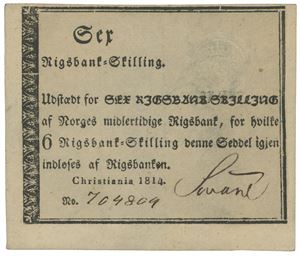 6 rigsbankskilling 1814. No. 704809. Diskret blekkskrift på revers/discreet ink writing on reverse