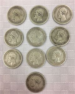 Lot 10 stk. 1 krone 1877, 1879, 1882, 1885, 1887, 1889, 1892, 1893,1894 og 1897
