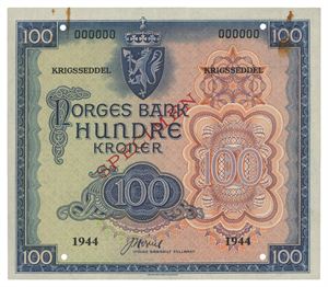100 kroner 1944. 000000. Hullmakulert med fire hull. Rustflekker fra to binders/traces of corrossion from two paperfasteners