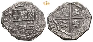 Philip IV, 1621-1665. 2 reales cob. Madrid. Årstall og guardein ikke synlig. 7,06 g. Lett korrodert/light corrosion