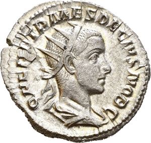 Herennius Etruscus. Caesar AD 249-251. AR antoninianus, Roma AD 250, 4th emission, (4,69 g). Radiate and draped bust of H. Etruscus right / SPES PVBLICA, Spes advancing left, holding flower and raising hem of skirt. Small flan flaw on obverse. Very minor porosity. Well struck for type and lightly toned.