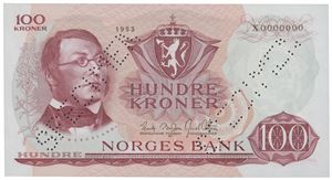 100 kroner 1963. X0000000. Perforert "SPECIMEN". R