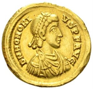 HONORIUS 393-423, solidus, Milano 402-403 e.Kr. (4,42 g). R: Honorius stående mot høyre