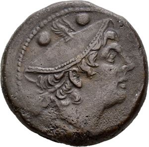 Ca. 217-215 f.Kr., Æ sextans. Hode av Merkur mot høyre/Skipsstavn