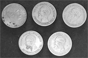 Lot 5 stk. 1 krone 1887, 1888, 1894, 1897 og 1914