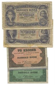 Lot 5 stk. 10 kroner 1944 E og F, 5 kroner 1943 V, 2 kroner 1922 og 1 krone 1917 F