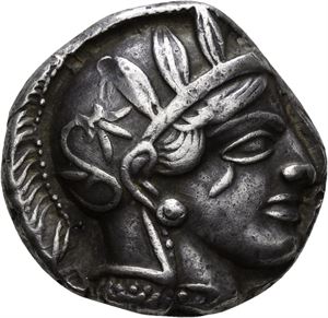 ATTICA, Athen, 449-404 f.Kr., tetradrachme (17,14 g). Hode av Athene mot høyre/Ugle stående mot høyre