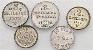 Norge, lot 5 stk. 3 skilling 1872 m/r, 10 øre/3 skilling 1874, 2 skilling 1825, 2 skilling 1842 og 2 skilling 1871 m/r