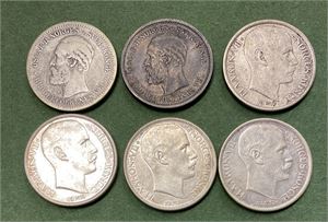 Lot 6 stk. 1 krone 1890, 1898, 1912, 1915, 1916 og 1917