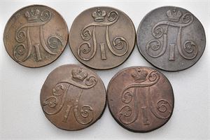 Paul I, lot 5 stk. 2 kopek 1797, 1798, 1799 og 1800 (2 stk.) Alle EM