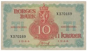 10 kroner 1944. X370169. 5 mm rift oppe/5 mm tear on top