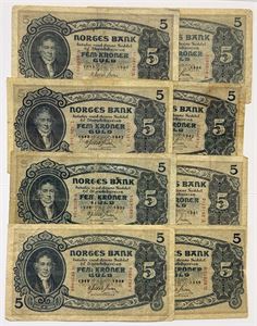 Lot med 12 eks 5 kroner II utgave