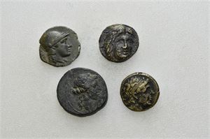 LOT 1. Caria-Seleukid kings. Bronze coins. Rhodes, Antiochus I, Seleukos II and Demetrios II. FOUR coins in lot. Some coins with edge chips, Some with minor roughness on the surfaces. Grade 1 to 1+.
