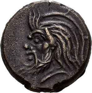 KIMMERIAN BOSPOROS, Pantikapaion. Circa 325-310 BC. Æ? (4,09 g). Bearded and wreathed head of satyr to left / GAN, Bulls head to left. Dark brown patina with minor corrosion on obverse.