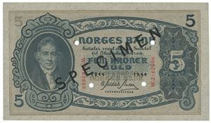 5 kroner 1944 W 3162586.  SPECIEMEN.