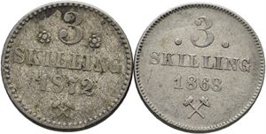 Norge, lot 2 stk. 3 skilling 1868 og 1872 m/r