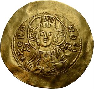 Manuel I Comnenus 1143-1180, hyperpyron, Constaninople, 1164-1167. Byste av Kristus/Manuel stående