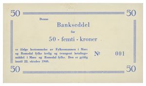 Norway. Romsdals Fellesbank A/S. 50 kroner 1940. No. 001