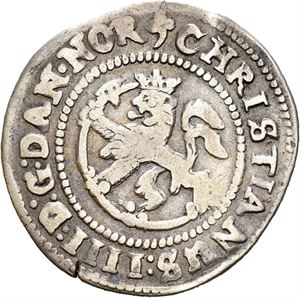 Christian IV 1588-1648. 8 skilling 1643. Svakt buklet/slightly creased. S.24 var.