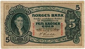 5 kroner 1932/2932. M3913408. Rift/tear