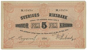 5 kronor 1890. No. M 47879. Brettrift og runde hjørner/fold tear and rounded corners