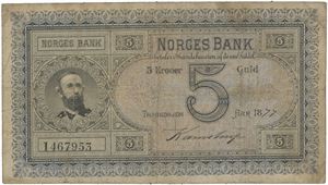 5 kroner 1877. 1467953. Signert Kamstrup.