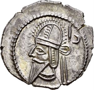 KINGS of PARTHIA. Vologases VI (circa AD 207-228). AR drachm (3,45 g). Ekbatana mint. Diademed and draped bust of Volugases to left, wearing tiara with earflap; wz in Aramaic to right / Archer (Arsakes I) seated right on throne, holding bow; monogram below bow. Well struck and with a pleasing cabinet tone.