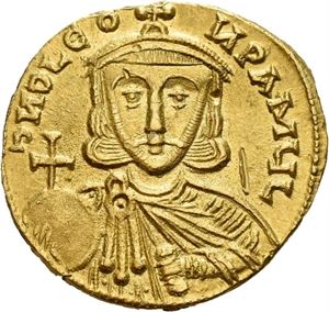 Leo III the "Isaurian" 717-741, soidus, Constantinople 732-737 e.Kr. Byste av Leo/Byste av Constantin V