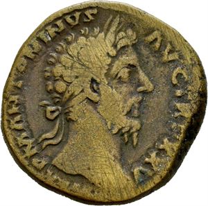 Marcus Aurelius 161-180, Æ sestertius, Roma 171 e.Kr. R: Innskrift innenfor eikeløv