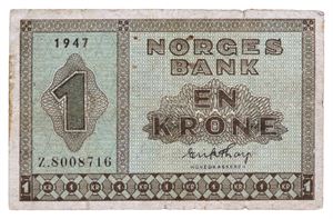 1 krone 1947. Z8008716. Erstatningsseddel/replacement note. UNIK/UNIQUE. Små flekker/minor spots