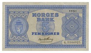Norway. 5 kroner 1951. G5344925. Liten flekk/minor spot