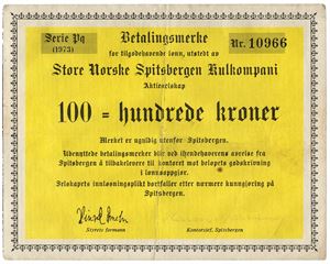 100 kroner 1973. Serie Qq. Nr.10966. RR.