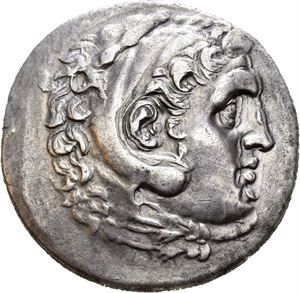 PAMPHYLIA, Perge. Circa 221-188 BC. AR tetradrachm (16,43 g). Dated CY 23 (circa 199/8 BC). In the name and types of Alexander the Great.  Head of Herakles to right, wearing lion skin headdress / A?E?AN?POY, Zeus seated left, holding eagle and scepter; KG (date) to outer left. Obverse slightly double struck. Very minor corrosion in the fields and a few tiny scratches. Area of weak strike on the reverse. Nice even toning.