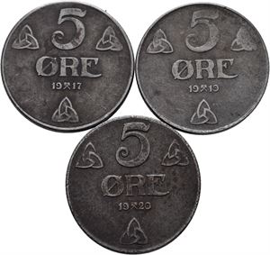 Norge, lot 3 stk. 5 øre 1917, 1919 og 1920