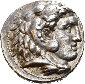SELEUKID KINGS of SYRIA. Seleukos I Nikator (312-281 BC). AR tetradrachm (17,02 g). Struck in Babylon circa 311-300 BC. In the name and types of Alexander III of Macedon. Head of Heracles right, wearing lion skin headdress / ??S???OS A?E?AN?POY, Zeus seated on thone left, holding eagle and scepter. Greek letter H i left field; monogram within wreath under throne. An appealing coin with a portrait of fine style. Pleasant old toning.