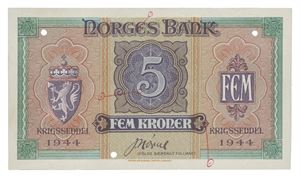 5 kroner 1944. Prøvetrykk/printers proof med fire hull. Påført markeringer/added marks