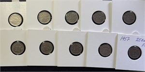 25 øre 1957, myntmerket på plate, 10 stk.