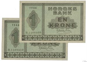 1 krone 1944 H.1108409 og 10 i rekkefølge