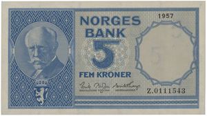 5 kroner 1957. Z.0111543. Erstatningsseddel/replacement note.